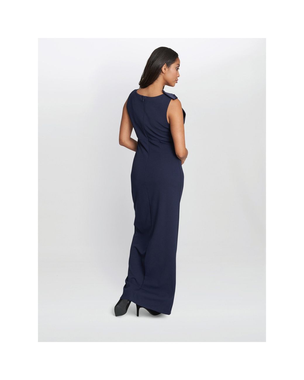 Gina Bacconi Blue Merle Bow Shoulder Maxi Jersey Dress
