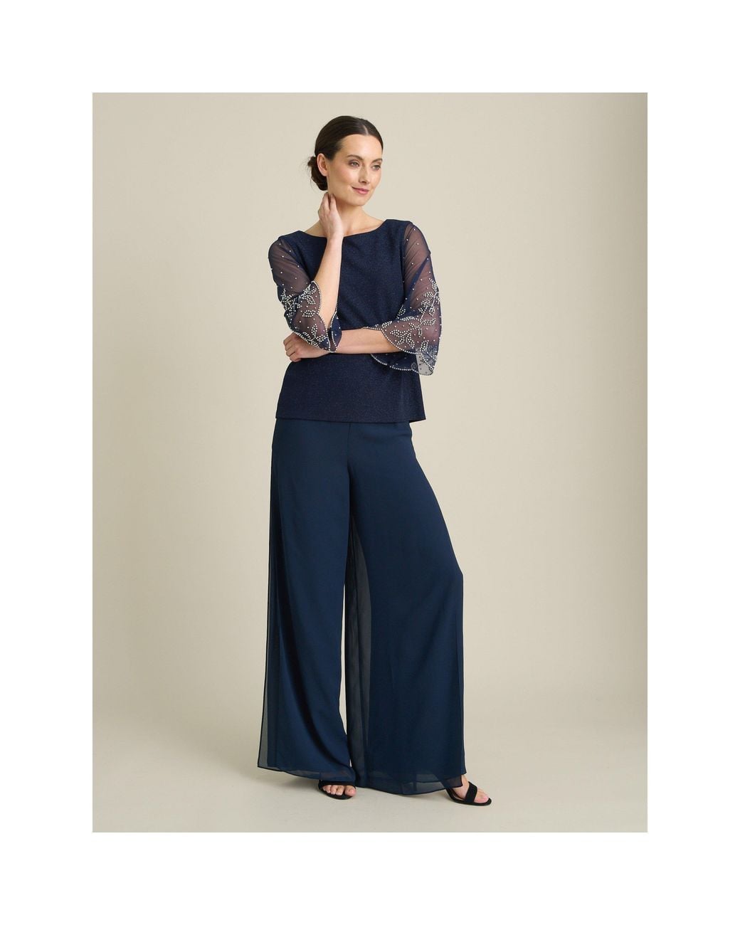 Gina Bacconi Blue Tilly Embellished Sheer Sleeve Top