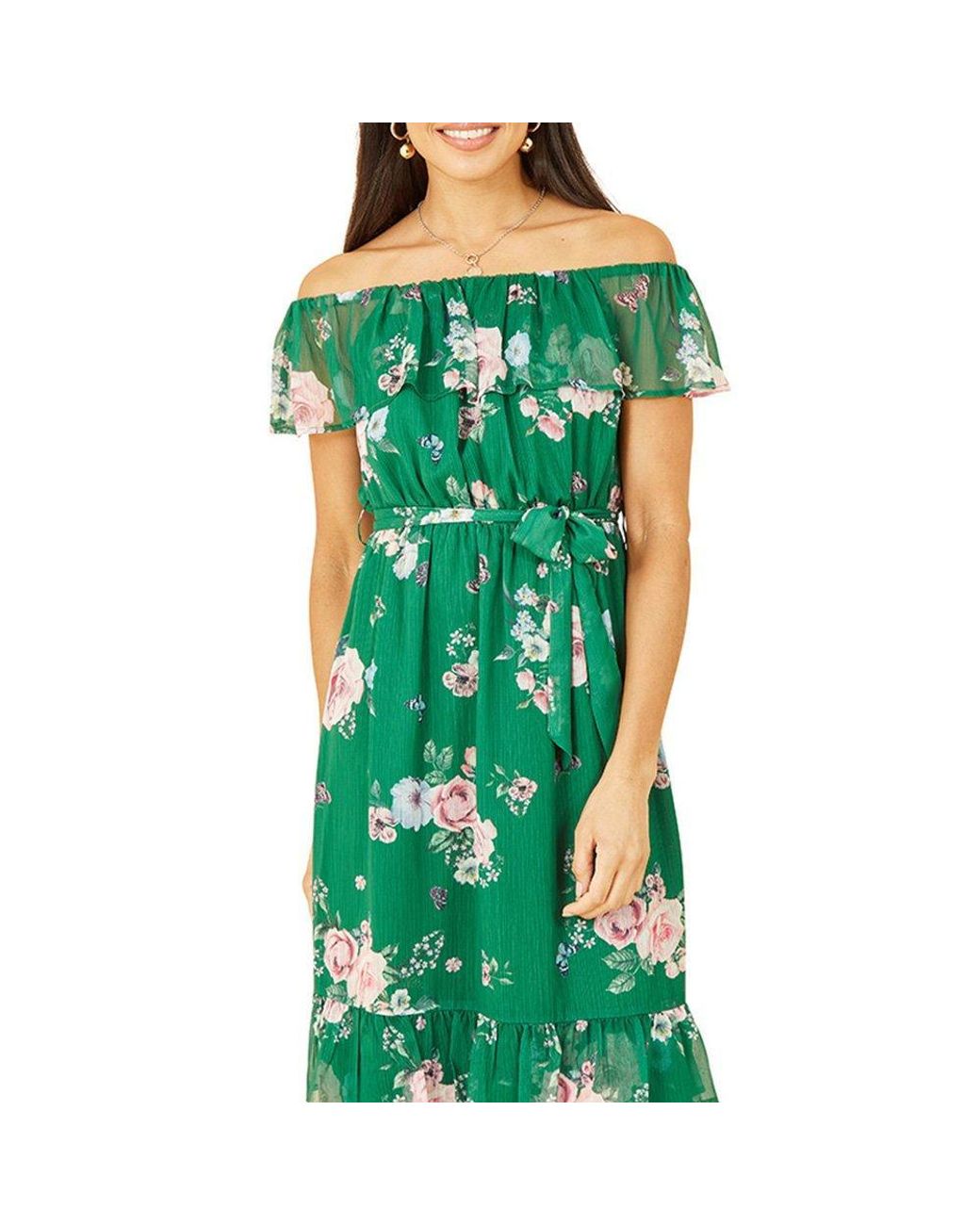 Yumi' Green Floral Bardot Midi Swing Dress