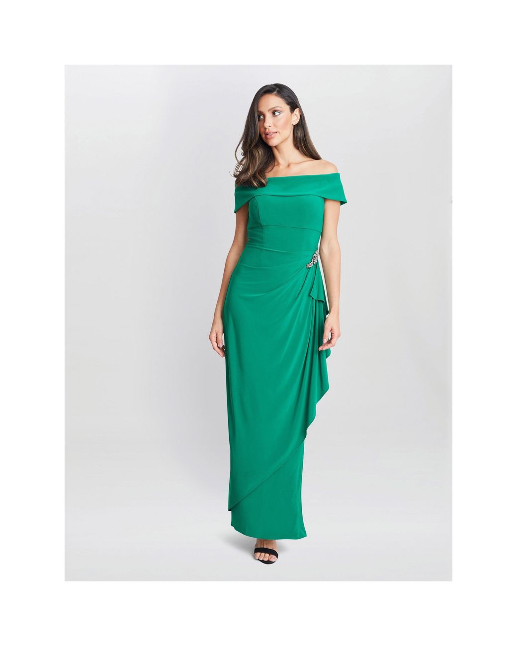 Gina Bacconi Green Jodie Off Shoulder Jersey Dress With Hip Detail