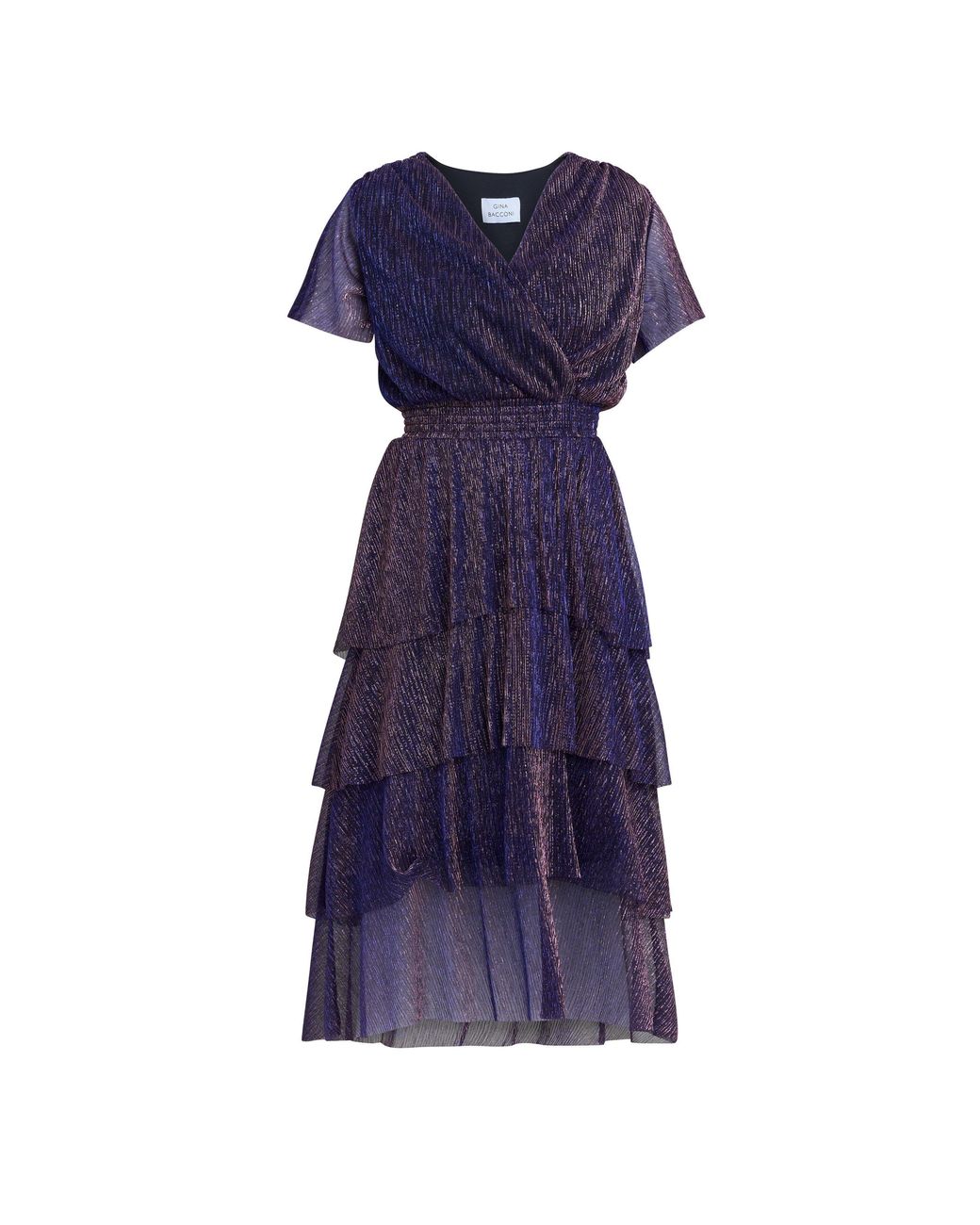 Gina Bacconi Blue Cheri Metallic Knit Tiered Dress