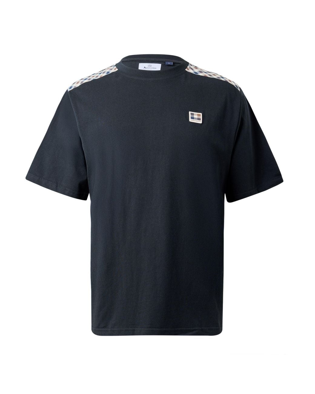 Aquascutum Black Check Shoulder Cotton Short-Sleeve T-Shirt for men