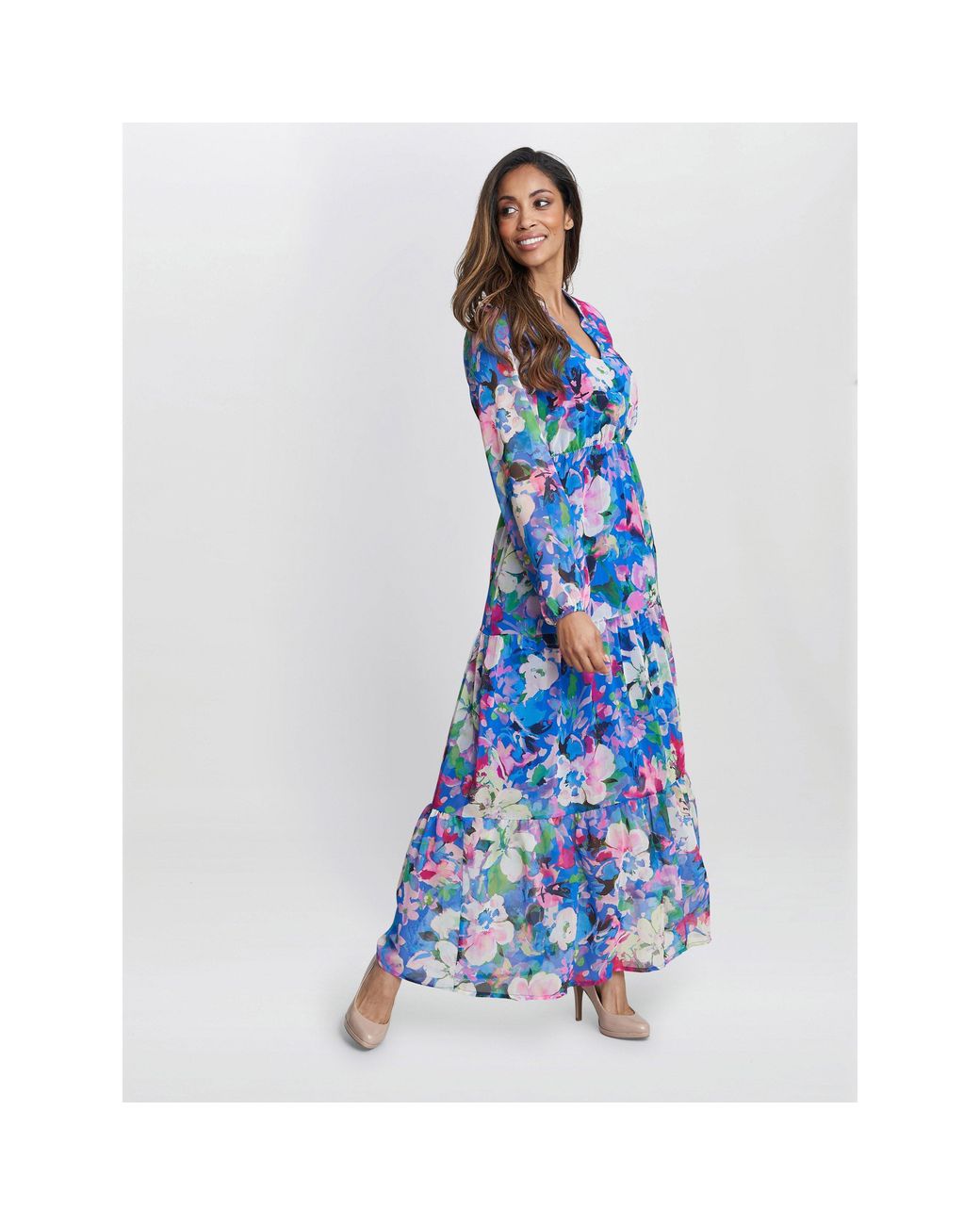 Gina Bacconi Blue Iona Print Stand Collar Dress