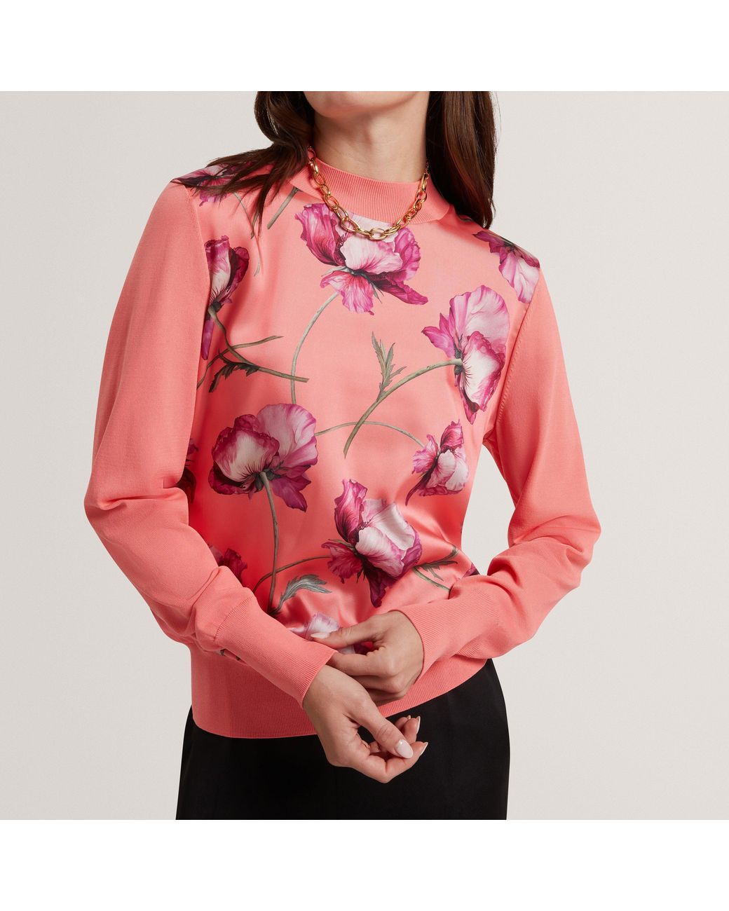 Ted Baker Pink Botanical Print Front Long Sleeve Knit Top