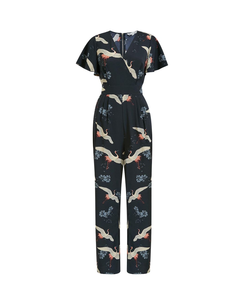 Yumi' White Crane Print Jumpsuit