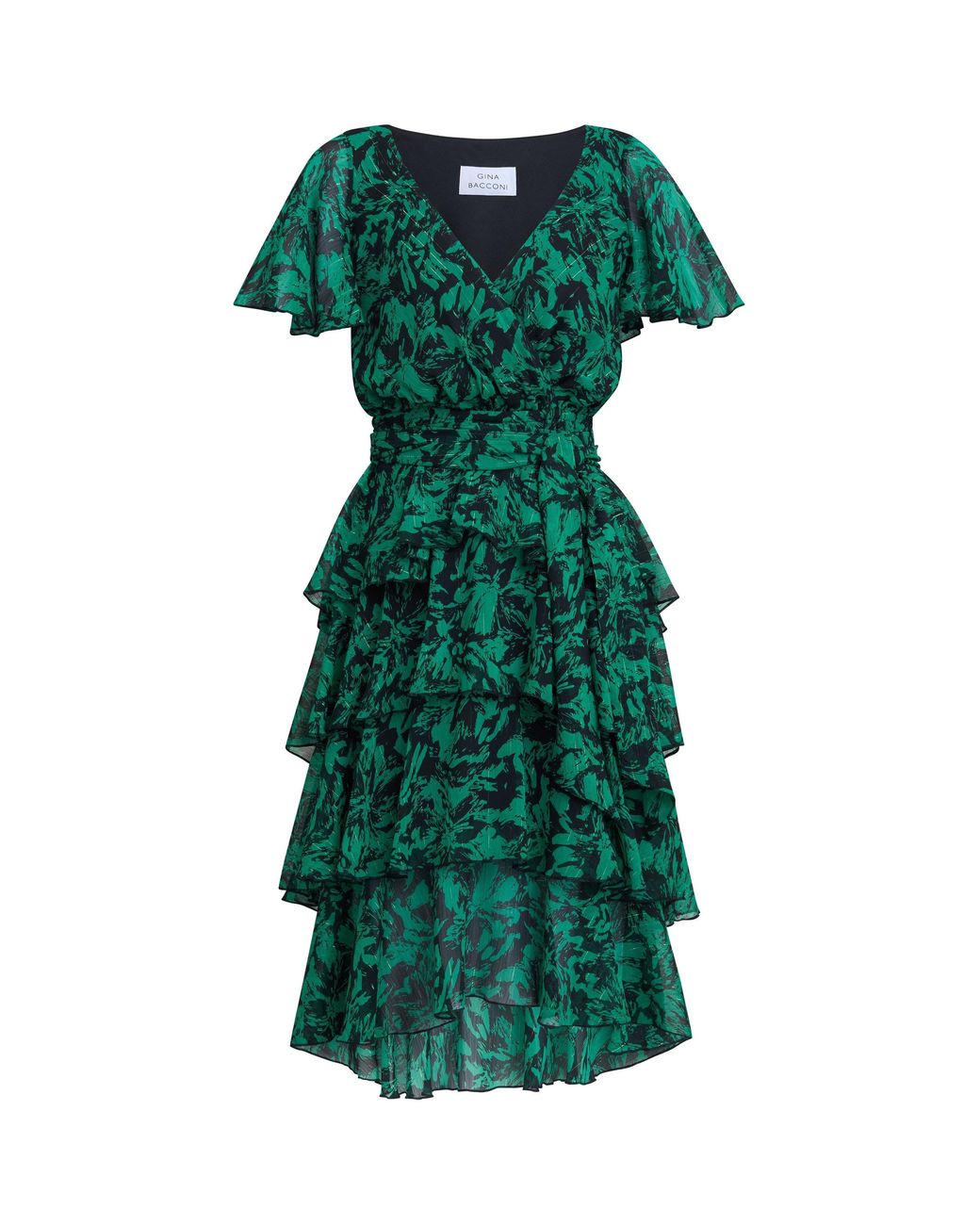 Gina Bacconi Green Lottie Elastic Waist Tiered Dress