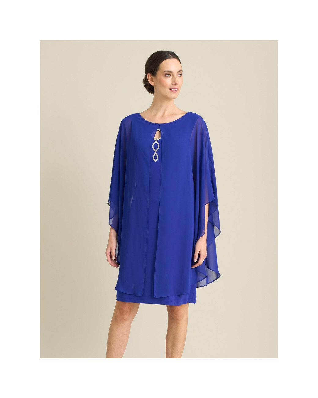 Gina Bacconi Blue Diamante Trim Chiffon Cape Dress