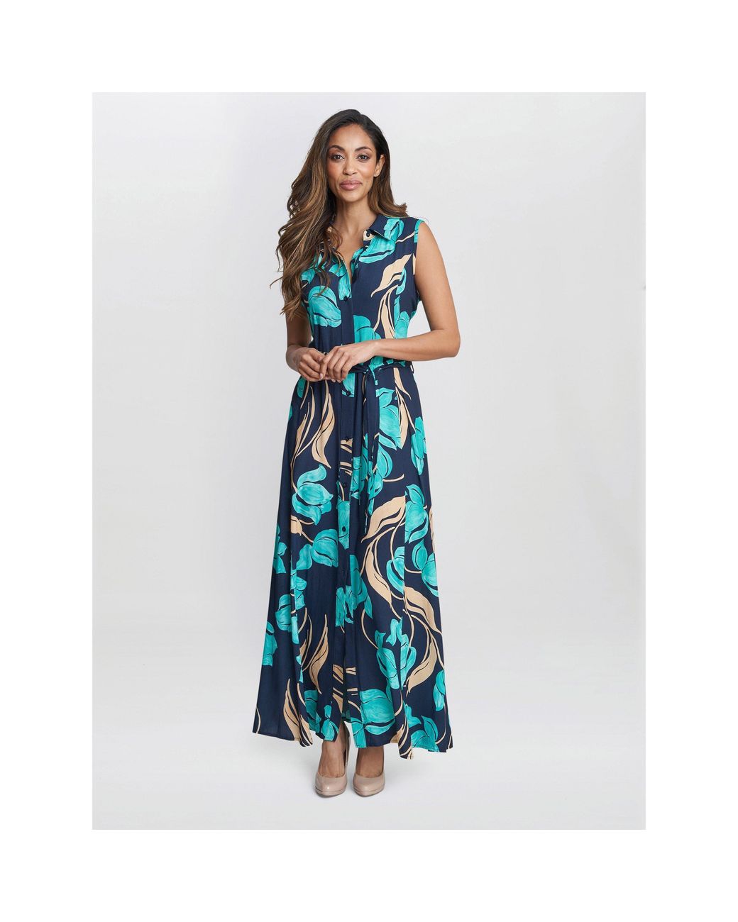 Gina Bacconi Blue Ariel Long Sleeveless Shirt Dress