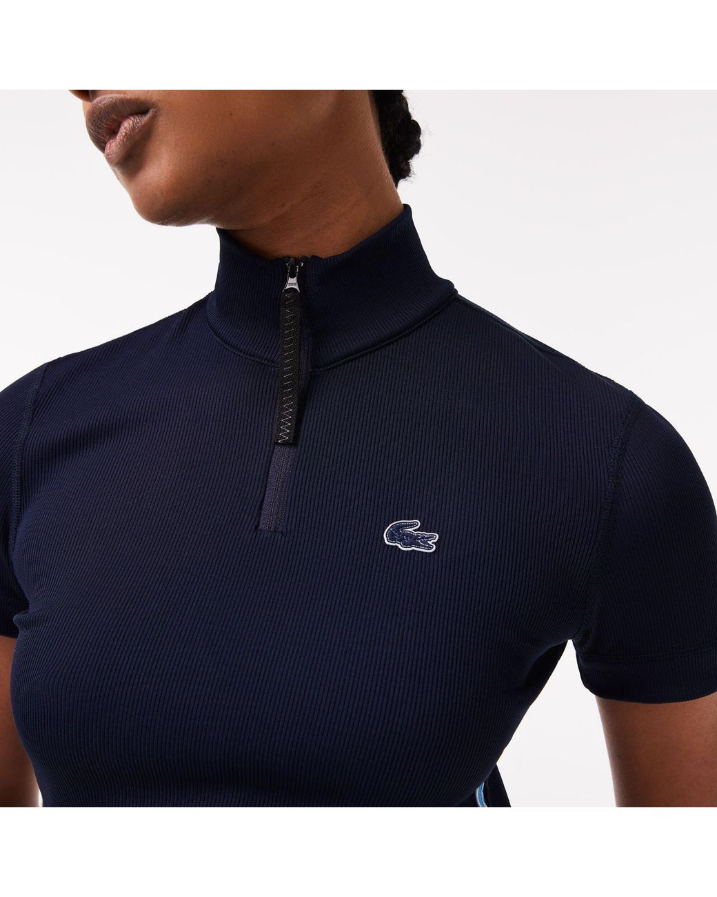 Lacoste Blue Ribbed Collar Zip Neck Short Sleeve Polo Shirt