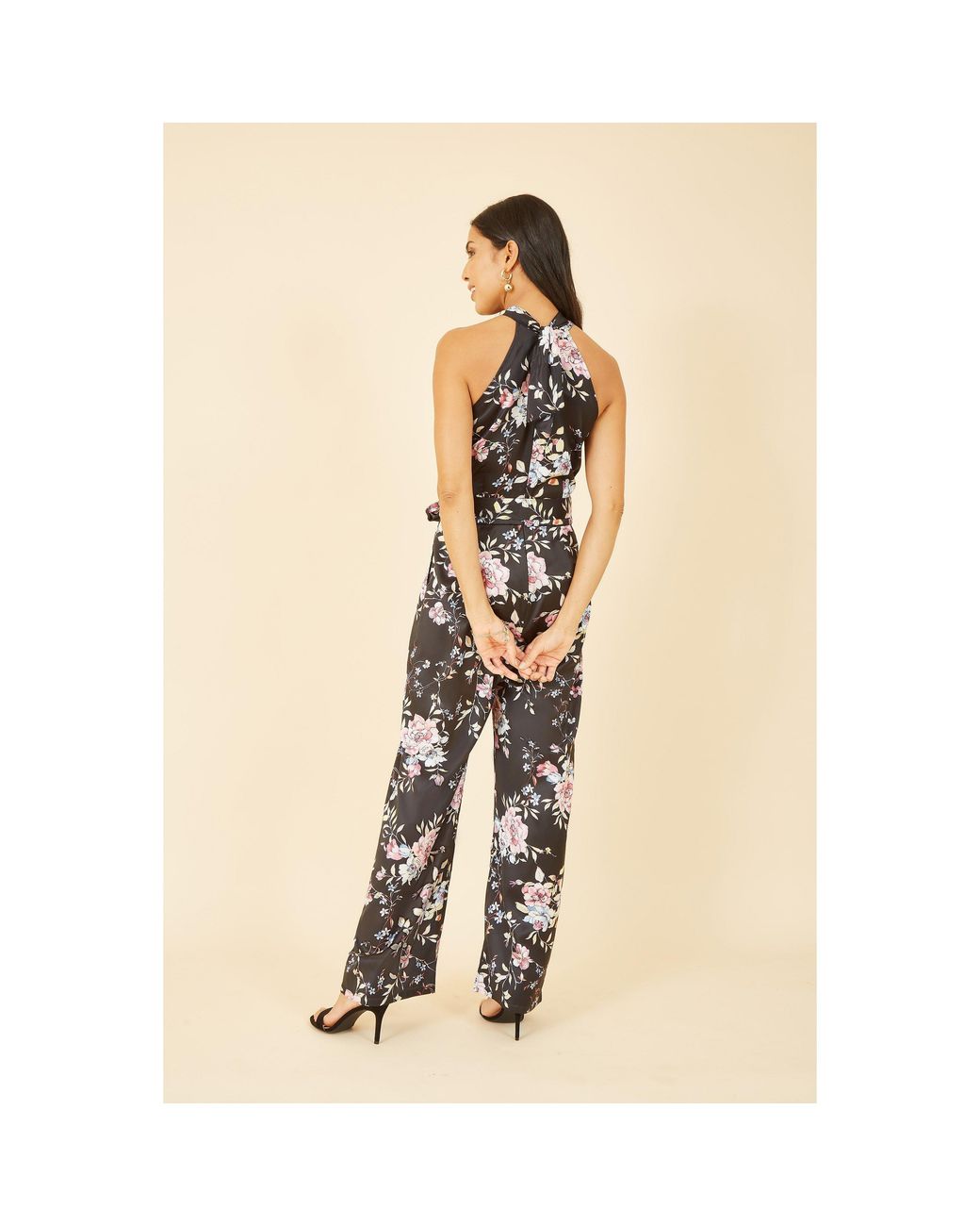 Yumi' Natural Floral Satin Halter Neck Jumpsuit