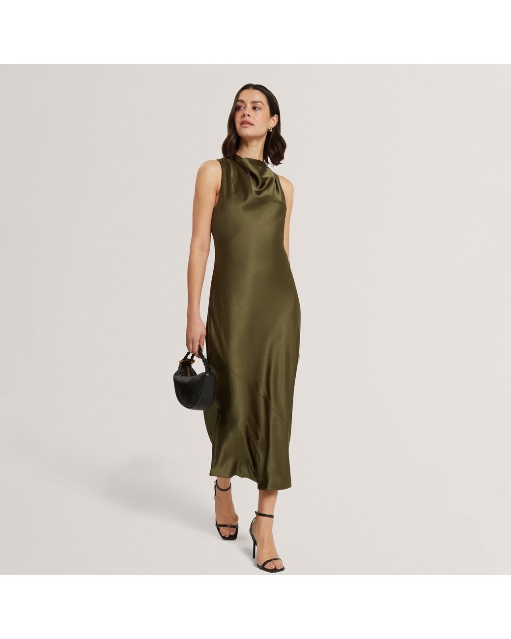 Ted Baker Green Sleeveless Cowl Neck Satin Midi Dress