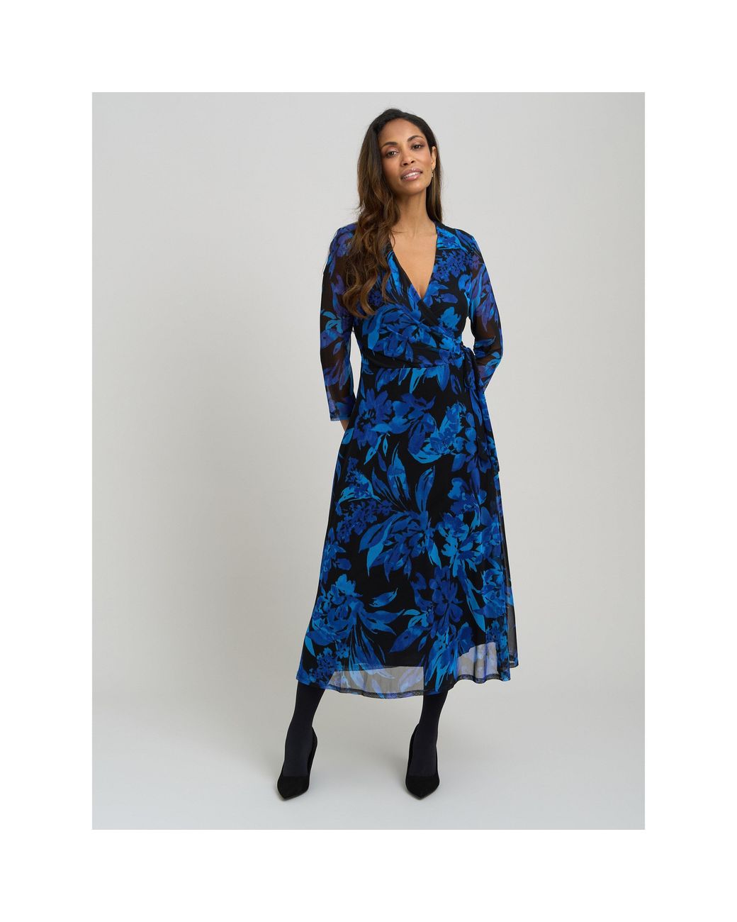 Gina Bacconi Blue Indie Floral Mesh Wrap Midi Dress
