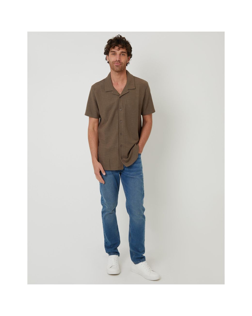 Threadbare Brown Antti Short-Sleeve Plain Shirt for men