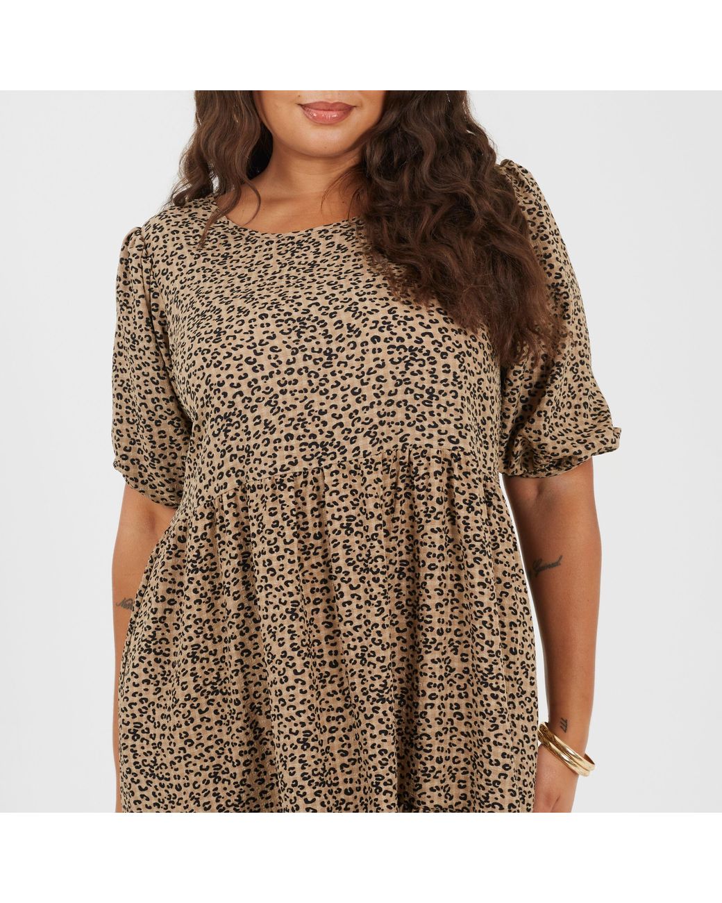Brave Soul Brown Plus Size Short Sleeve Animal Print Midi Dress With Tiered Hem