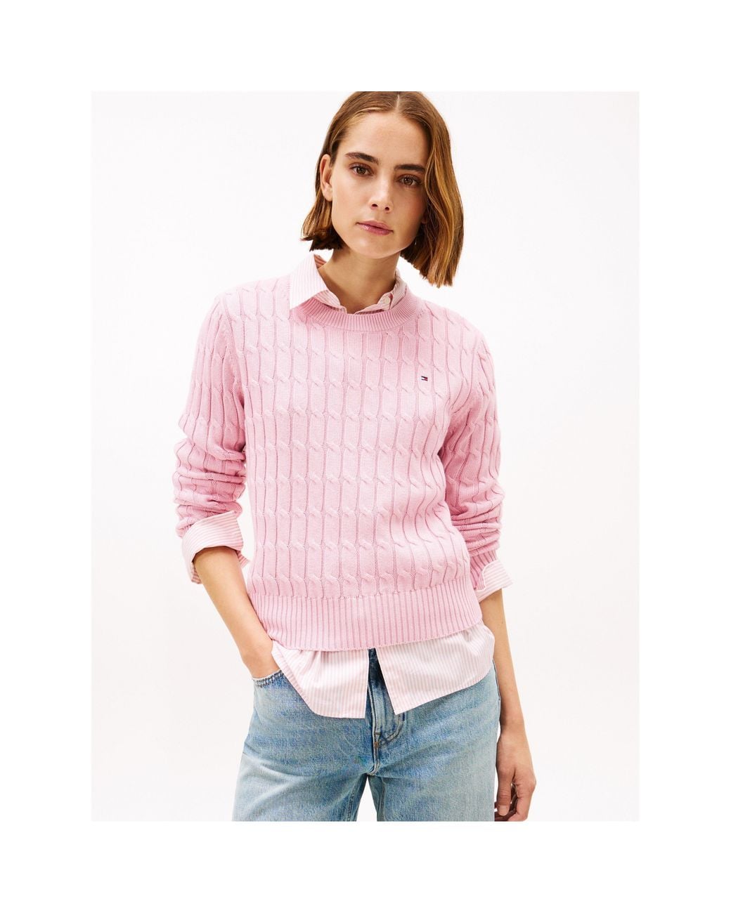 Tommy Hilfiger Pink Cable Knit Crew Neck Sweater