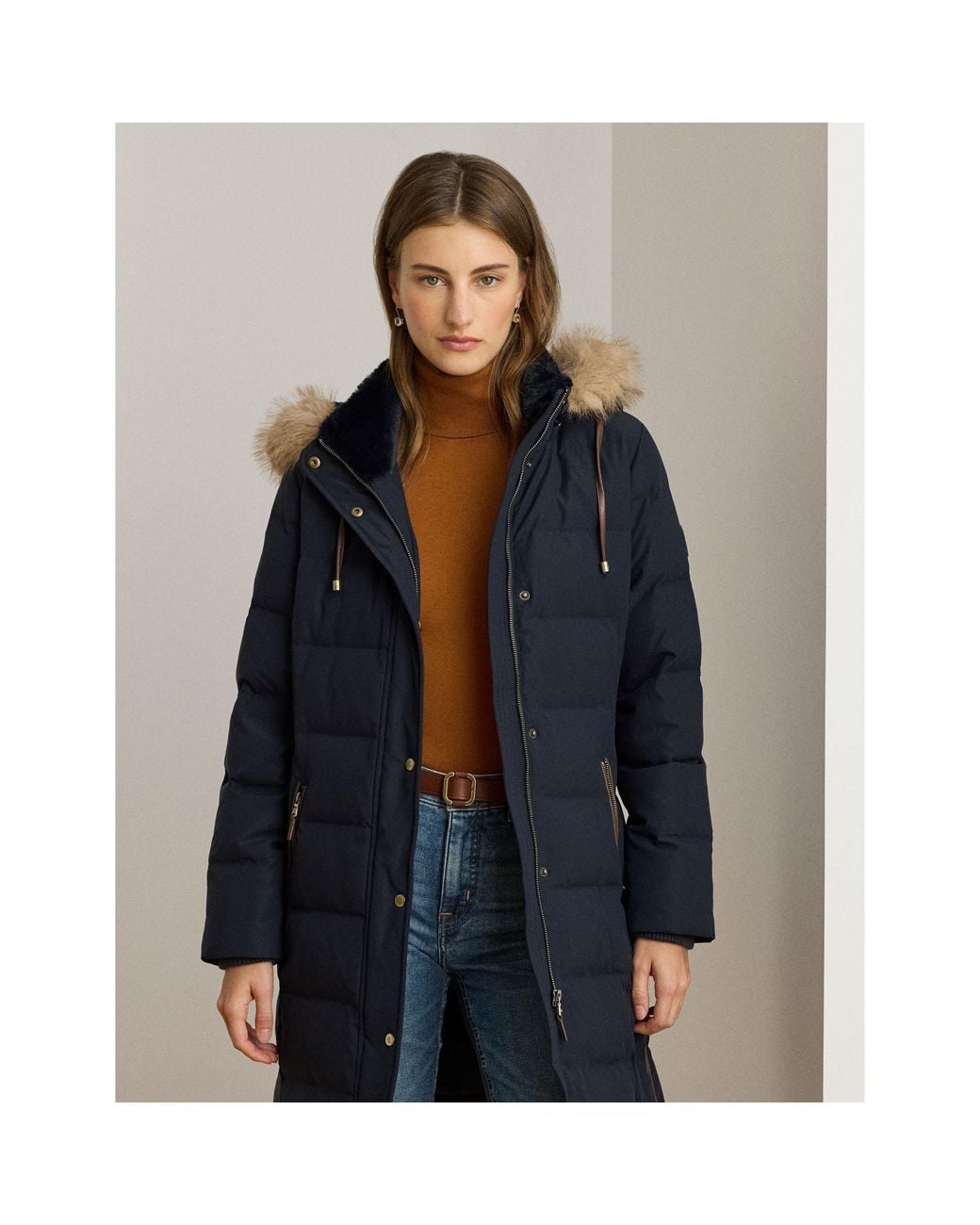 Ralph Lauren Blue Faux Fur Hood Medium Puffer Jacket