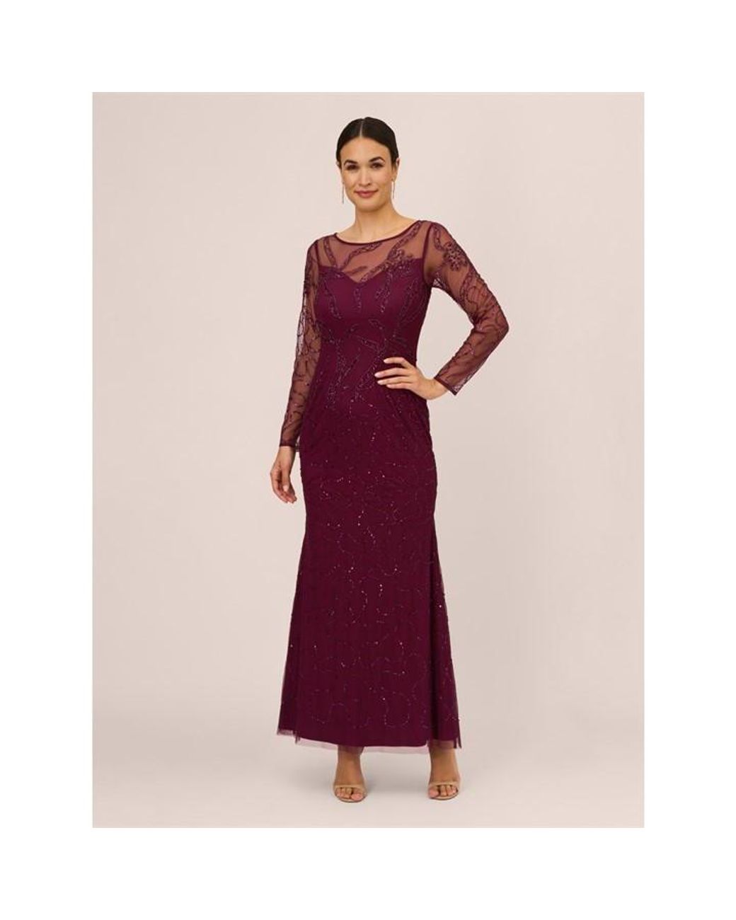 Adrianna Papell Beaded Long Sleeve Gown in Purple Lyst UK