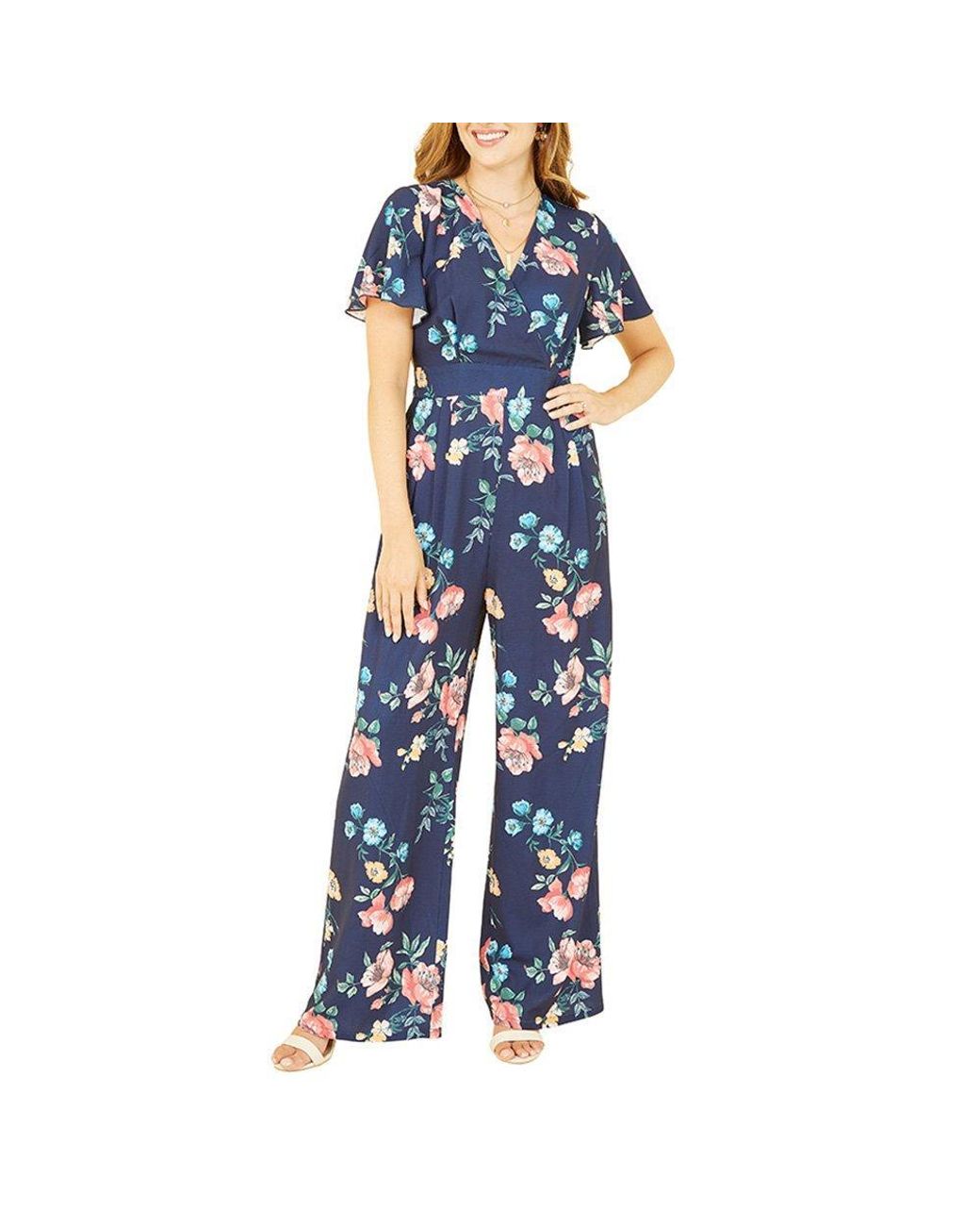 Yumi' Blue Floral Angel Sleeve Jumpsuit