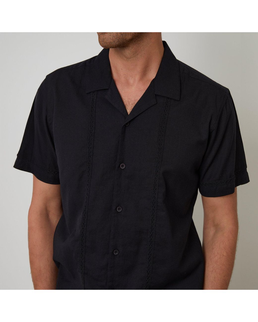 Threadbare Black Linen Blend Lace Trim Relaxed Fit Shirt for men