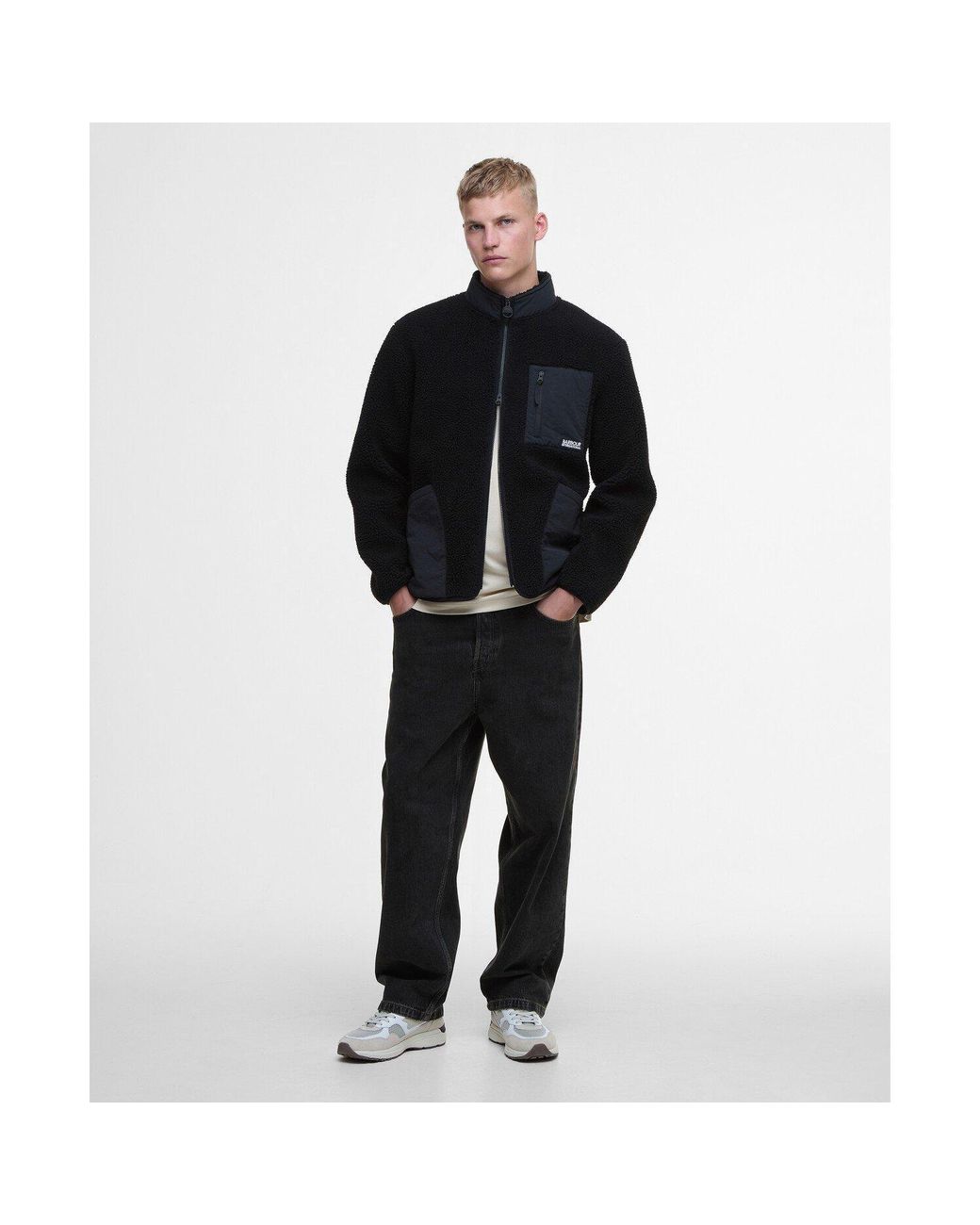 Barbour Black Adams Oversized Funnel Neck Long Sleeve Teddy Coat for men