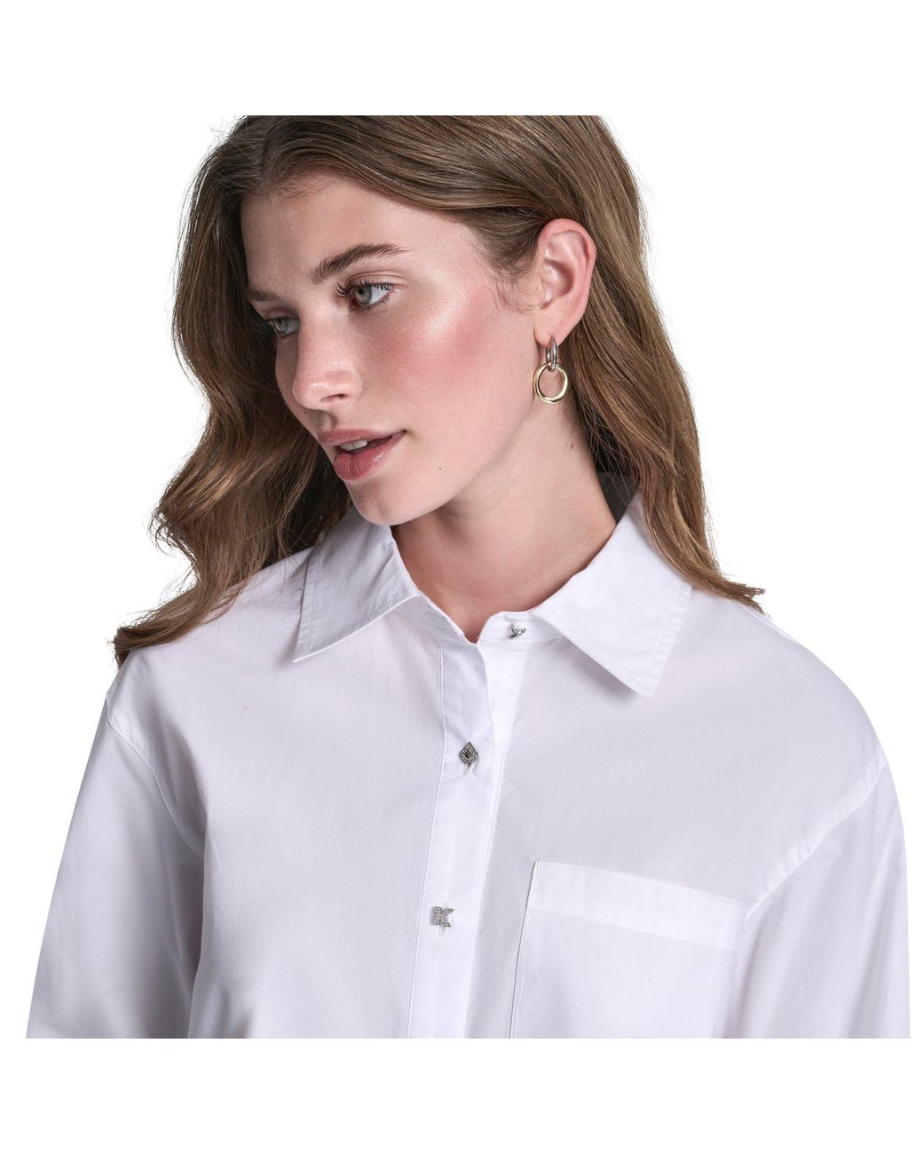 DKNY Purple Jeans Poplin Shirt W/ Rhinestone Buttons & Stepped Hem