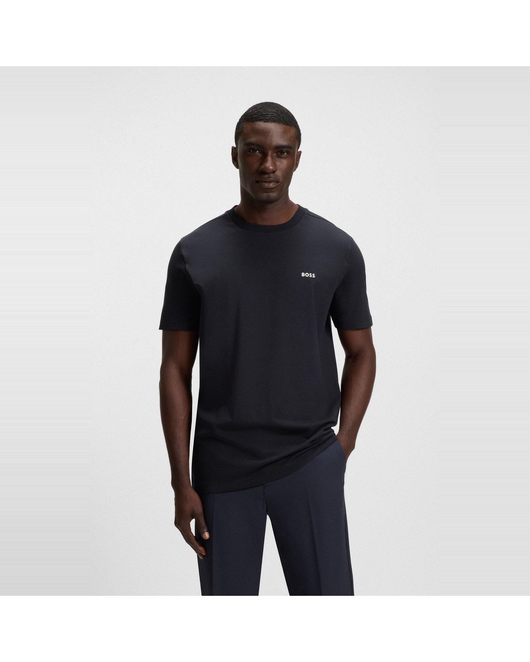 Boss Blue T-Shirt With Logo Design Stretch Cotton for men
