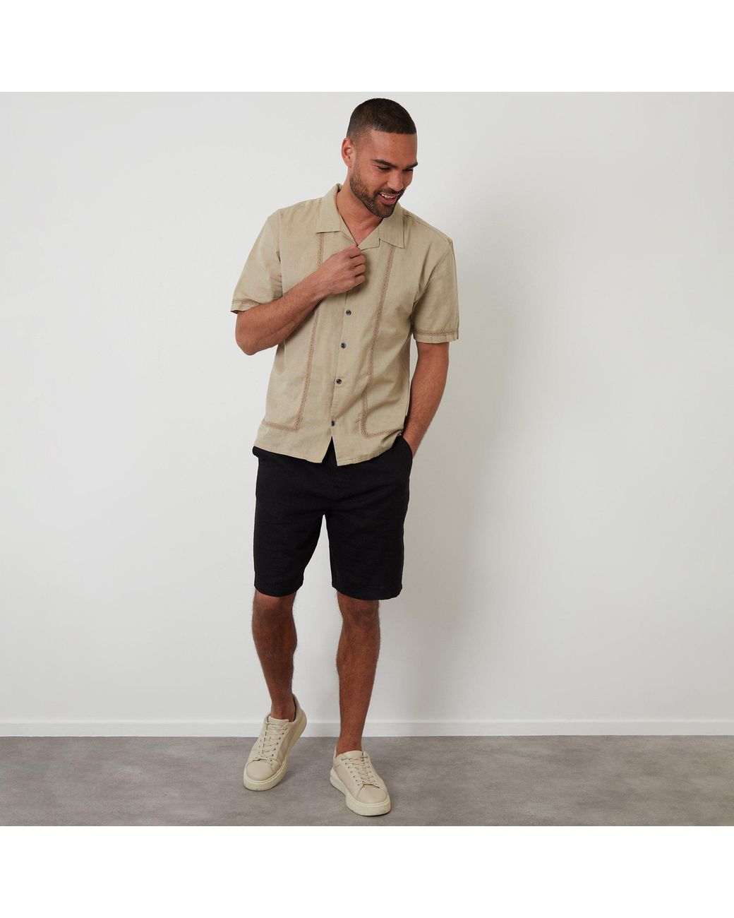 Threadbare Natural Linen Blend Lace Trim Relaxed Fit Shirt for men