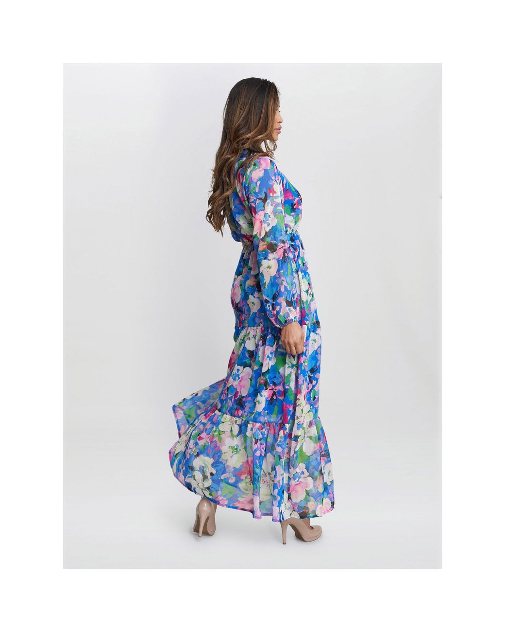 Gina Bacconi Blue Iona Print Stand Collar Dress