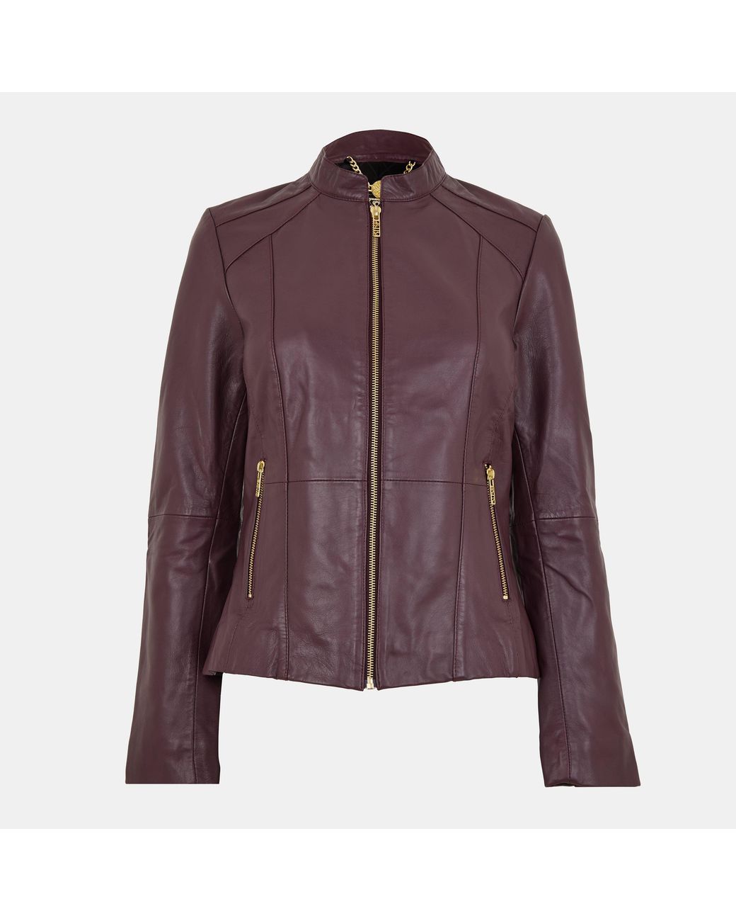 Biba Purple Neru Collar Leather Long Sleeve Leather Jacket