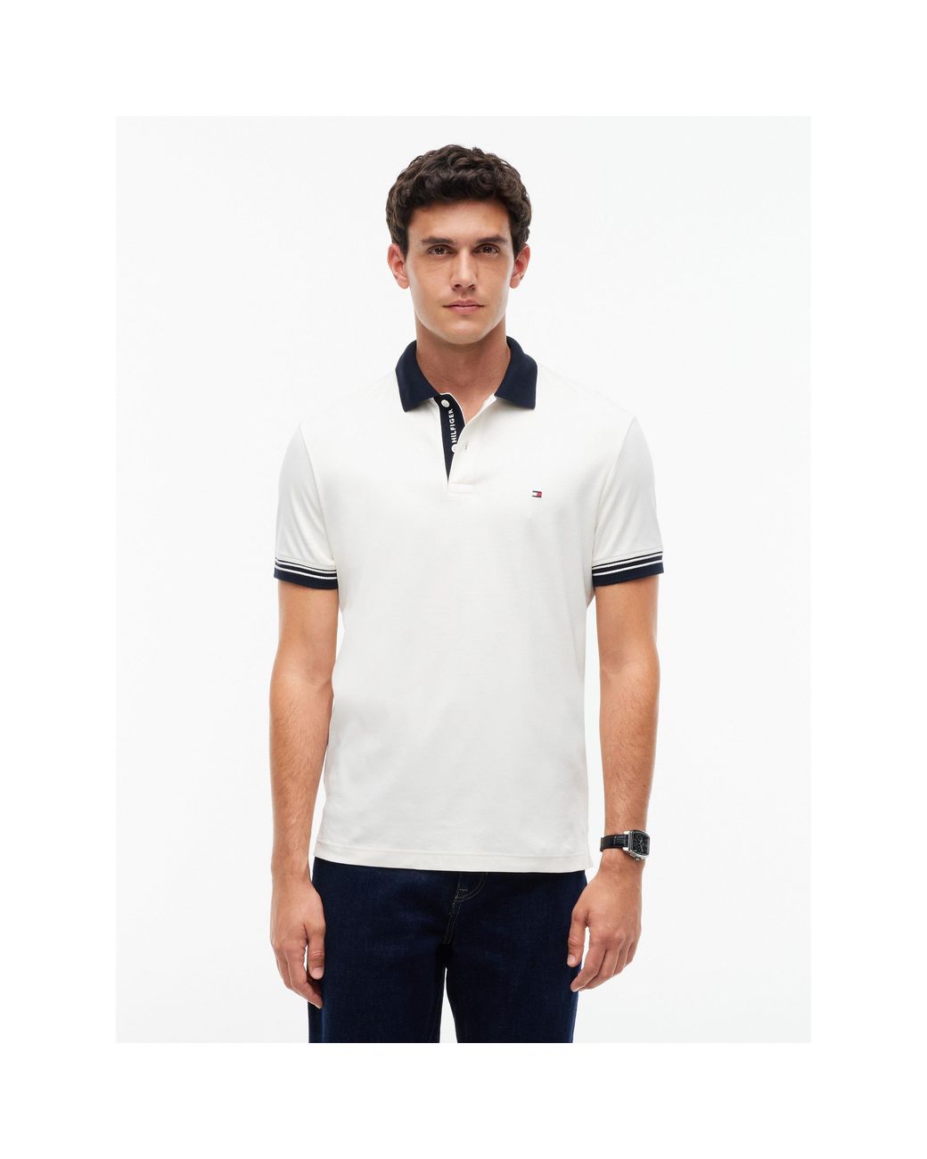 Tommy Hilfiger White Placket Cotton Short-Sleeve Polo for men