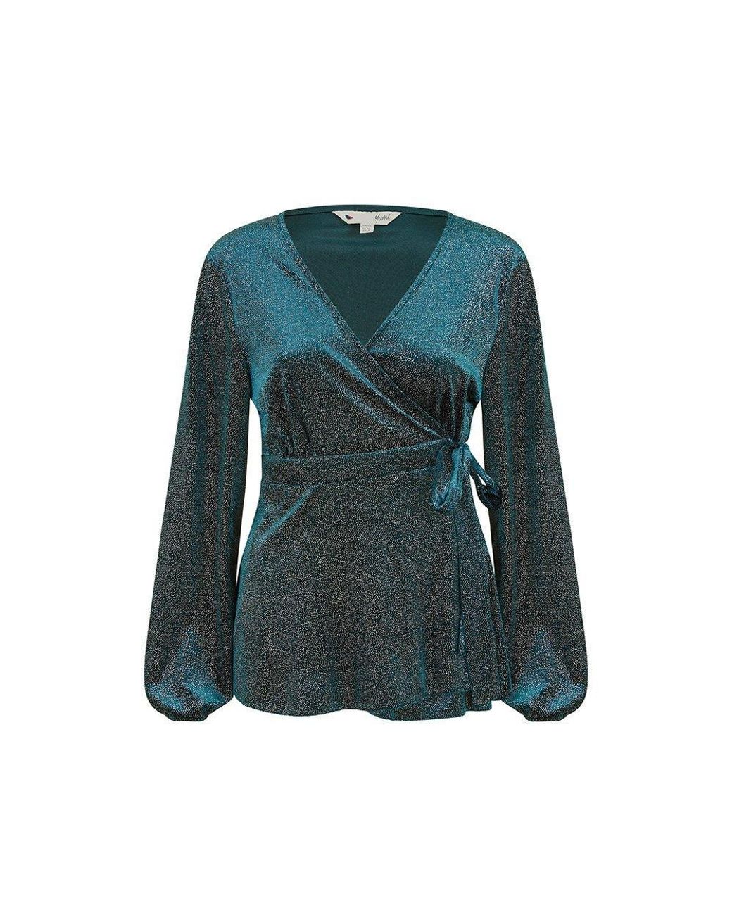 Yumi' Green Sparkle Velvet Wrap Top