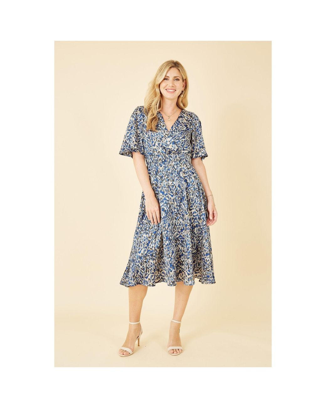 Yumi' Blue Animal Print Wrap Midi Skater Dress