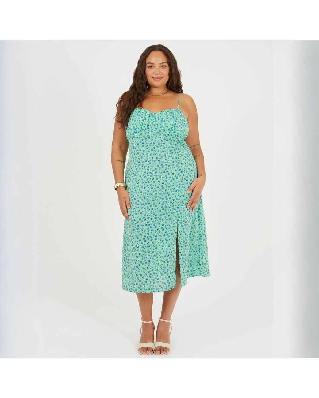 Brave Soul Green Bs Plus Size Strappy Floral Midi Dress With Split Detail