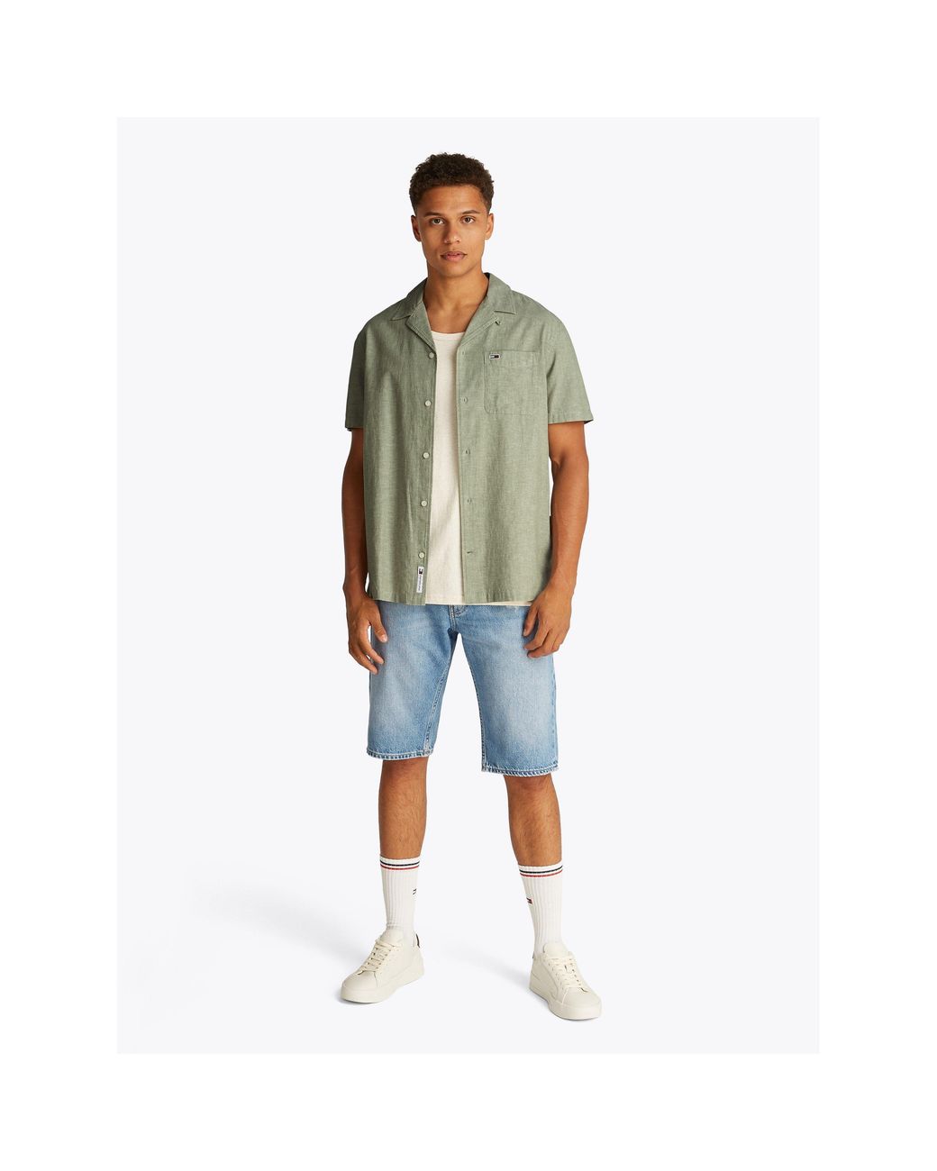 Tommy Hilfiger Green Linen Blend Short-Sleeve Plain Shirt for men