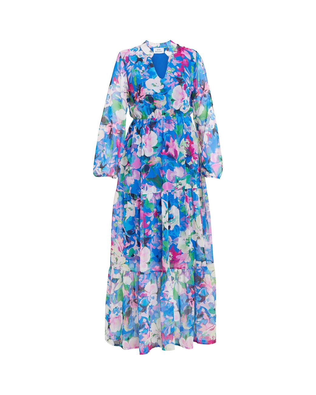 Gina Bacconi Blue Iona Print Stand Collar Dress