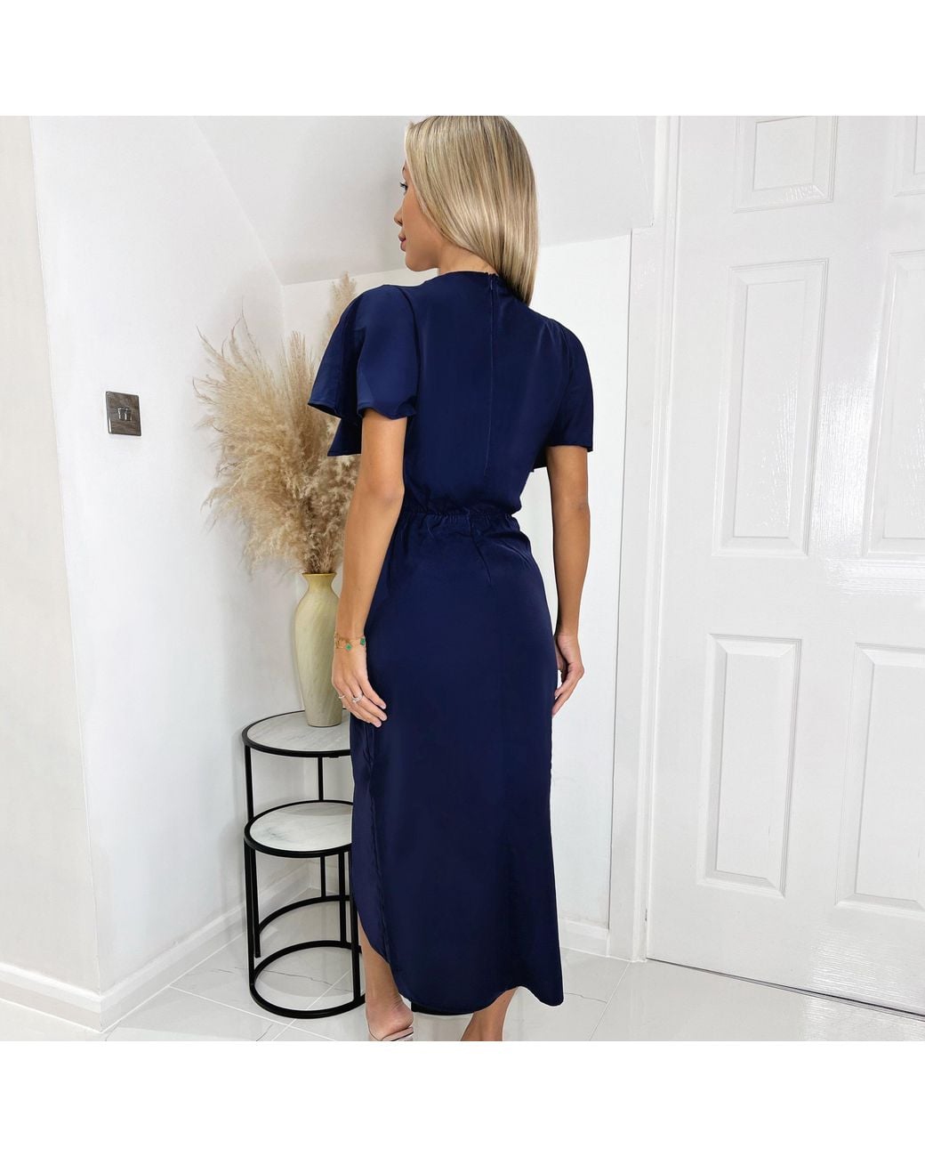 AX Paris Blue Short Sleeve V Neck Buckle Wrap Midi Dress