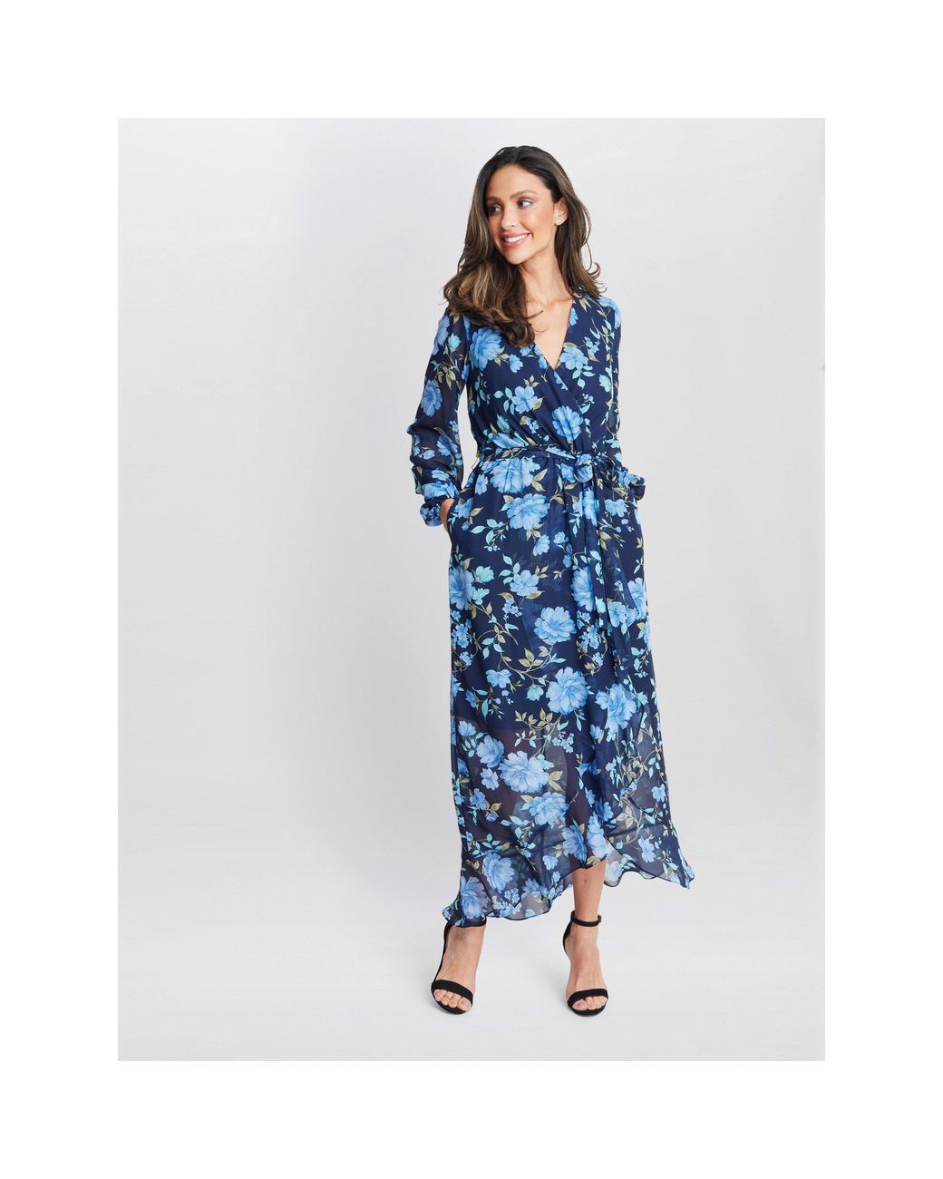 Gina Bacconi Blue Norma Printed Maxi With Tulip Overlay
