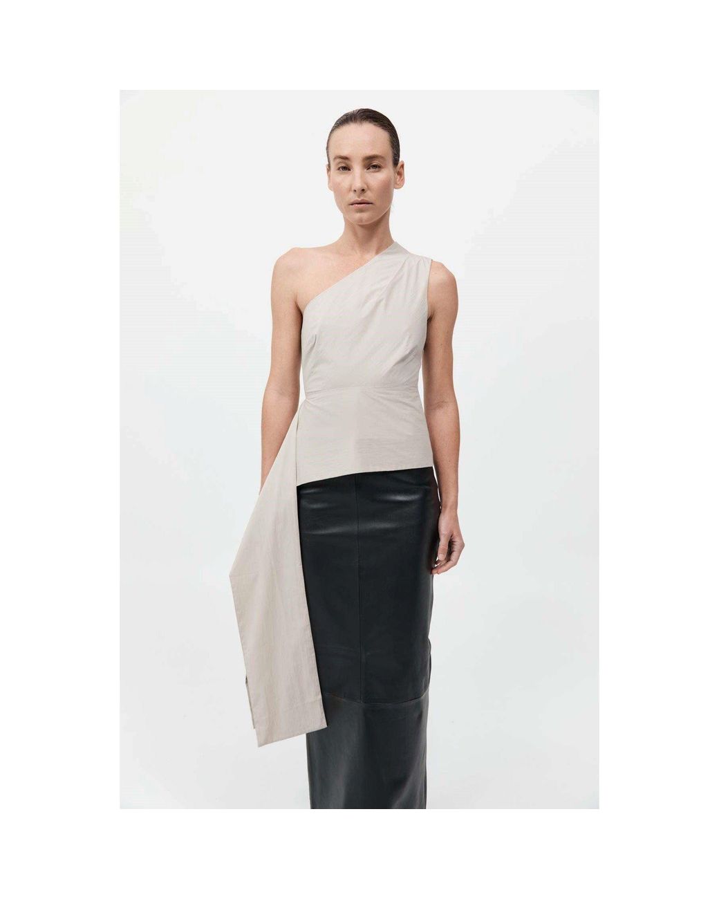 St. Agni White High Neck Draped Peplum Short Sleeve Crop Top