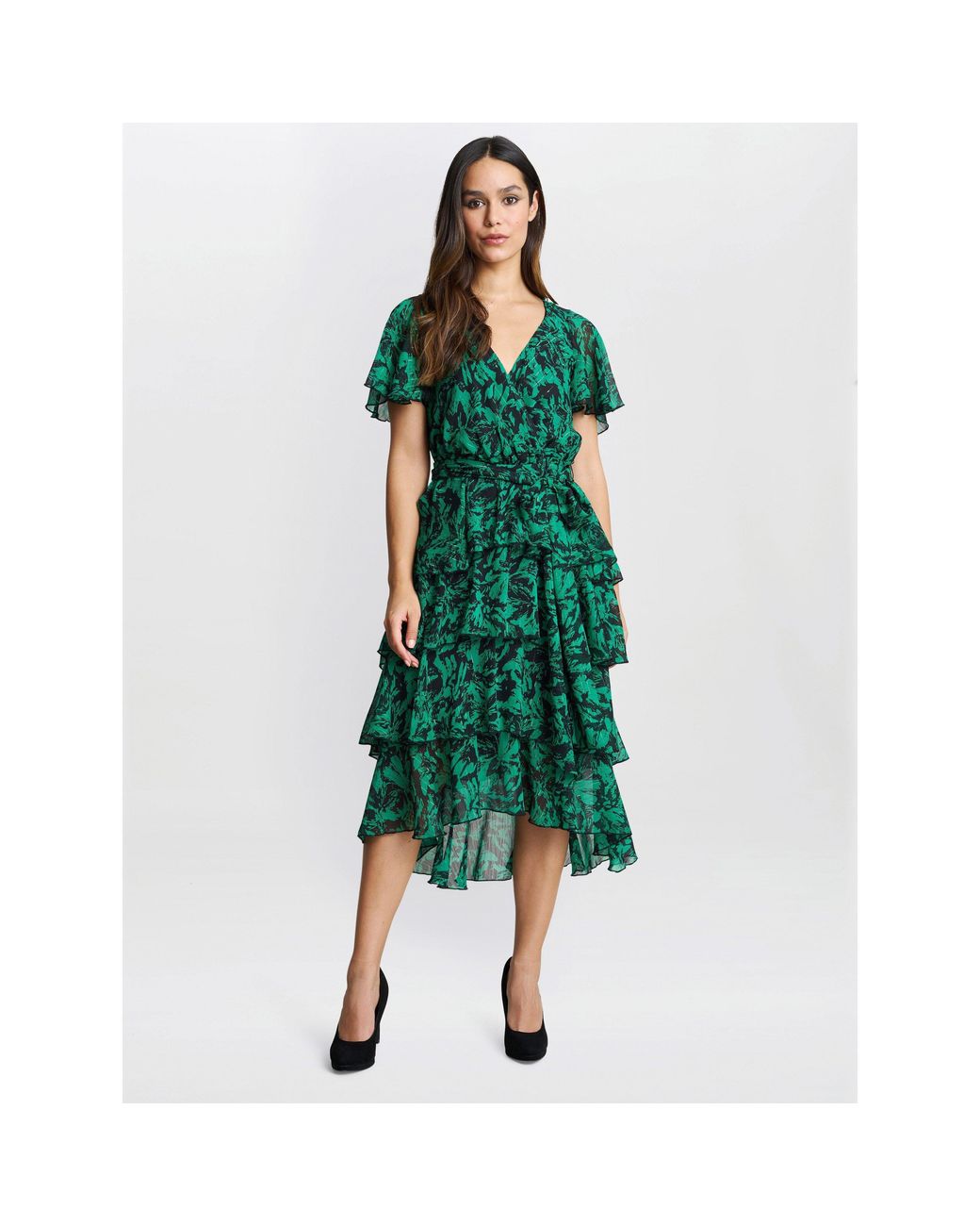 Gina Bacconi Green Lottie Elastic Waist Tiered Dress