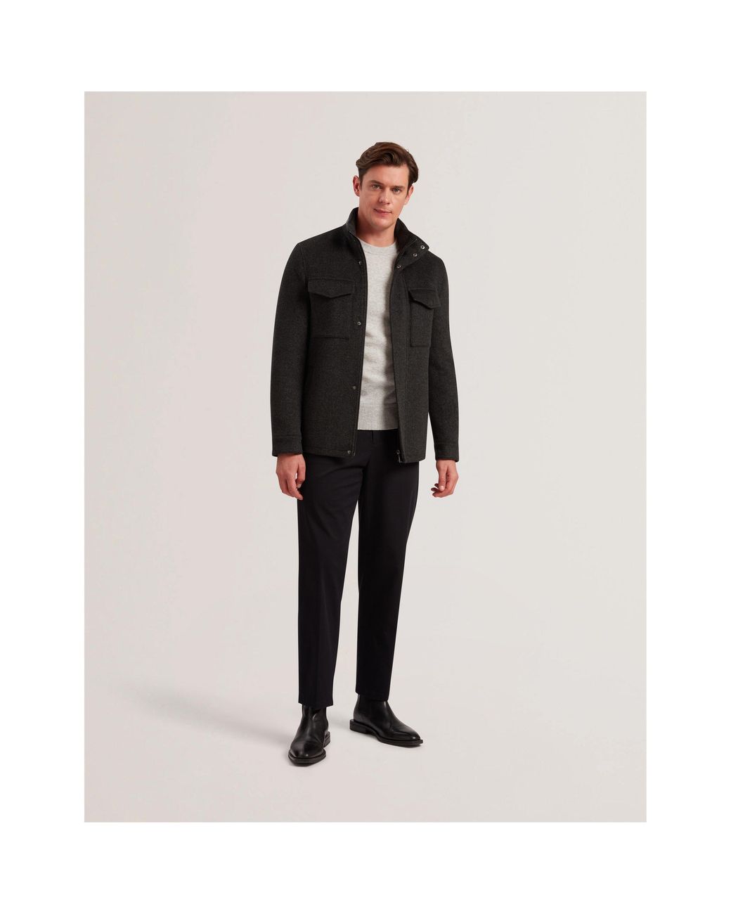 Ted Baker Black Funnel Neck Overcoat for men