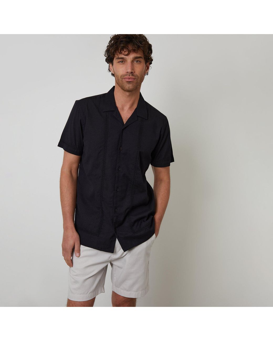 Threadbare Black Linen Blend Lace Trim Relaxed Fit Shirt for men
