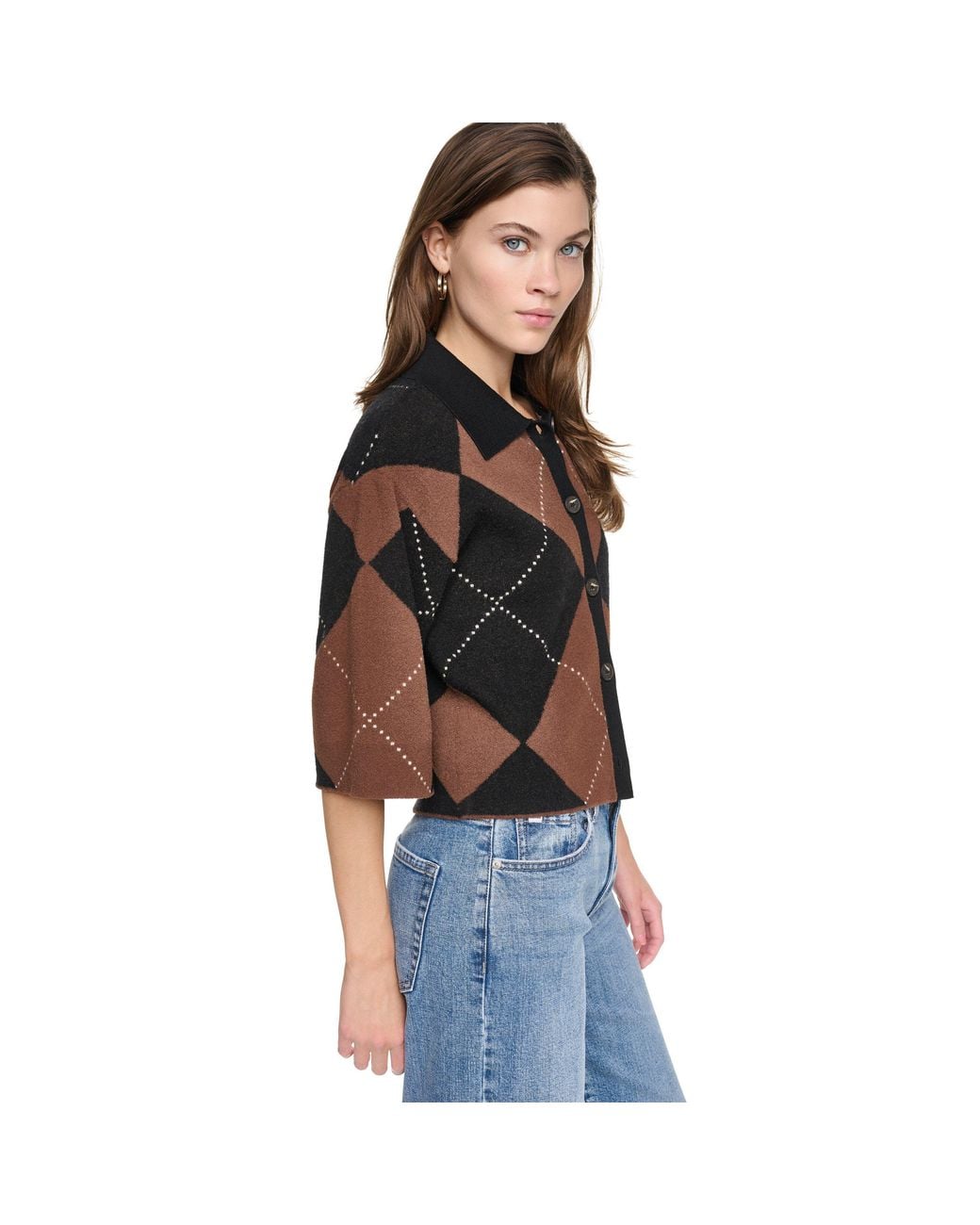 DKNY Black Petite Argyle Button-front Sweater