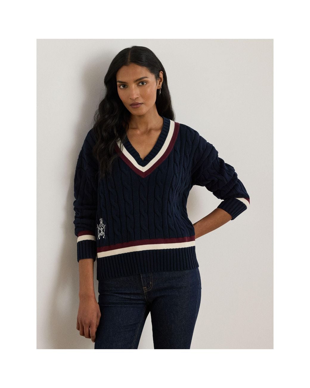 Ralph Lauren Blue Real Leather Knitted Crew Neck Jumper
