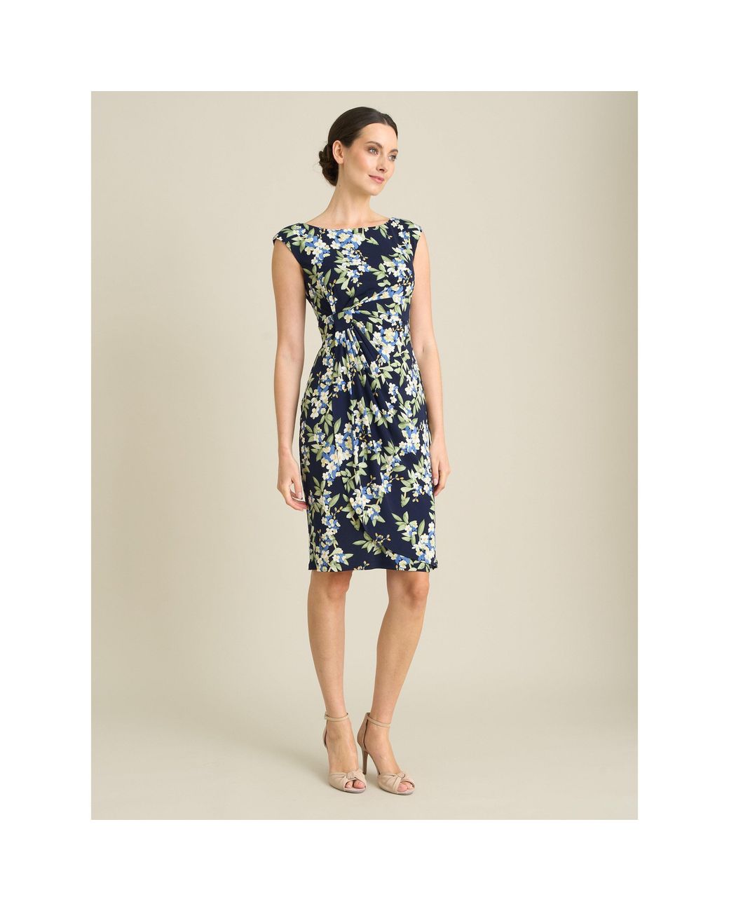 Gina Bacconi Blue Poppie Sleeveless Faux Wrap Floral Dress