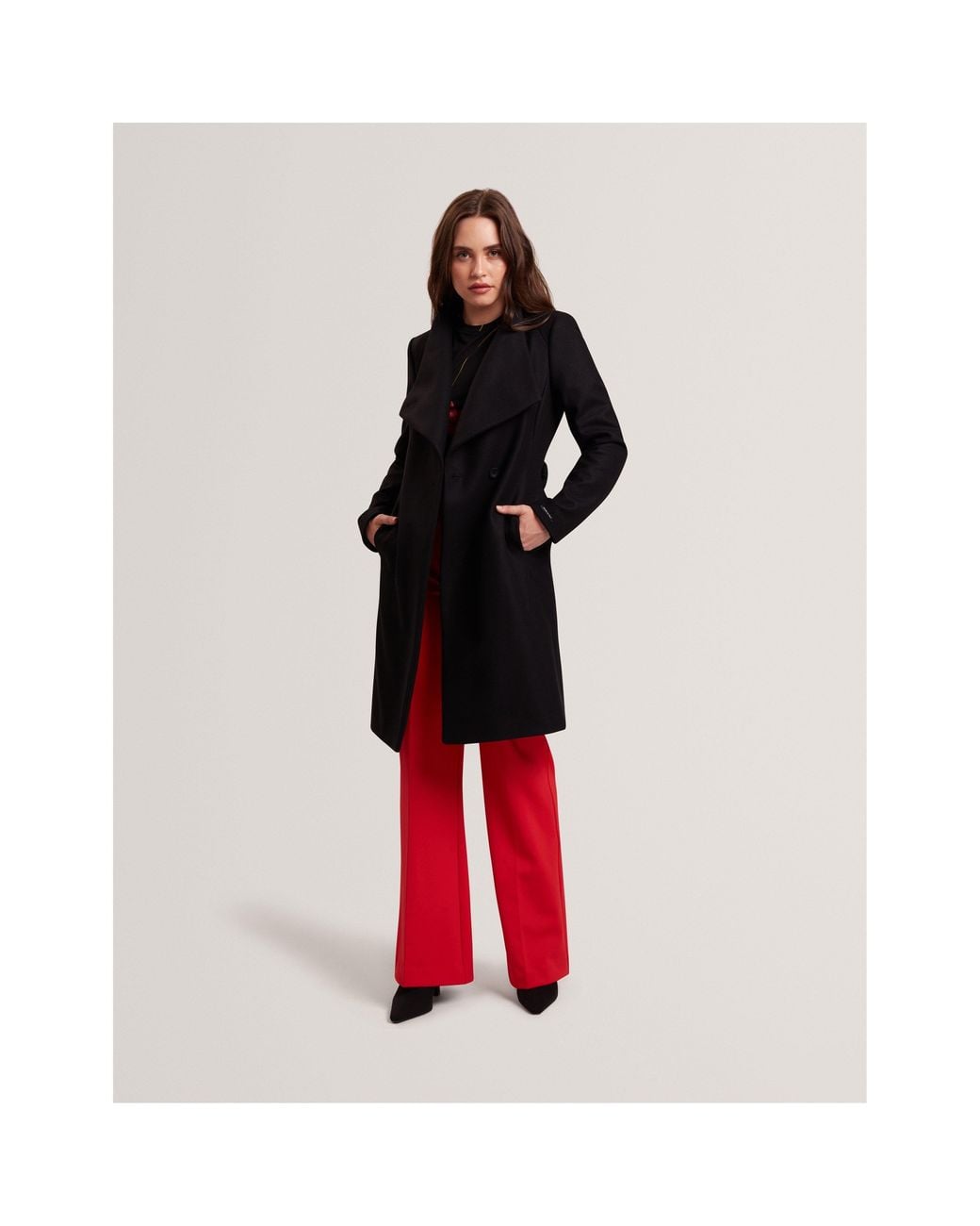 Ted Baker Black Rose Belted Midi Wool Long Sleeve Coat