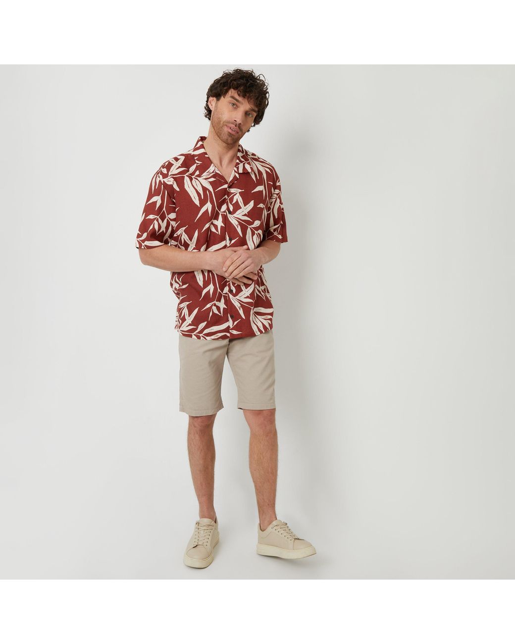 Threadbare Red Revere Collar Leaf Print Short Sleeve Shirt for men