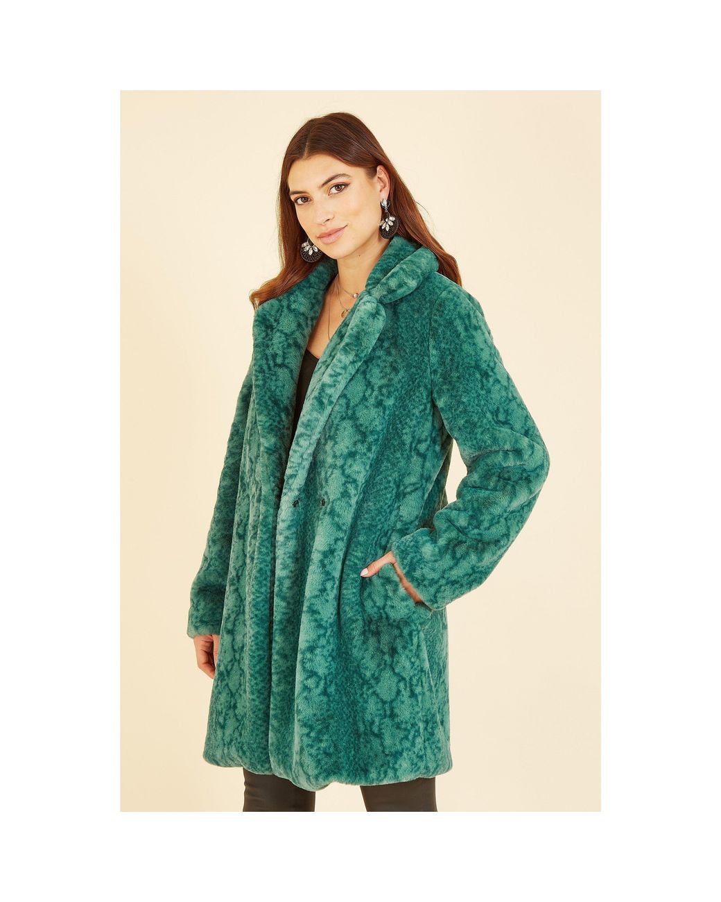 Yumi' Green Snakeskin Print Faux Fur Mid Thigh Coat