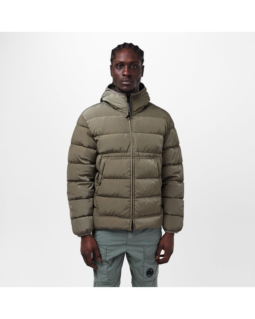 C P Company Green Chrome-R Goggle Duck Down Long Sleeve Short Puffer Jacket for men