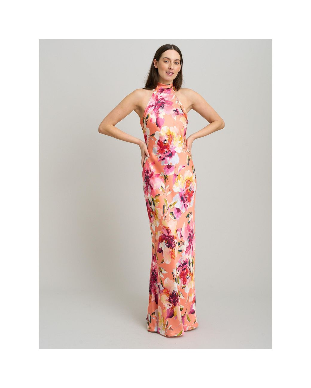 Gina Bacconi White Margo Satin Floral Print Tie Neck Dress