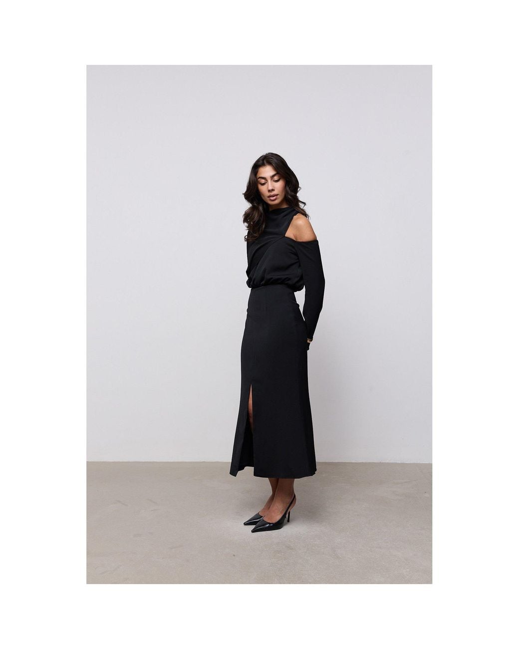Odd Muse Black Draped One Shoulder Midi Dress